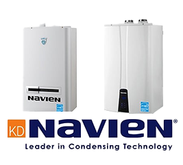 Two condensers from the brand Navien shown with the Navien logo