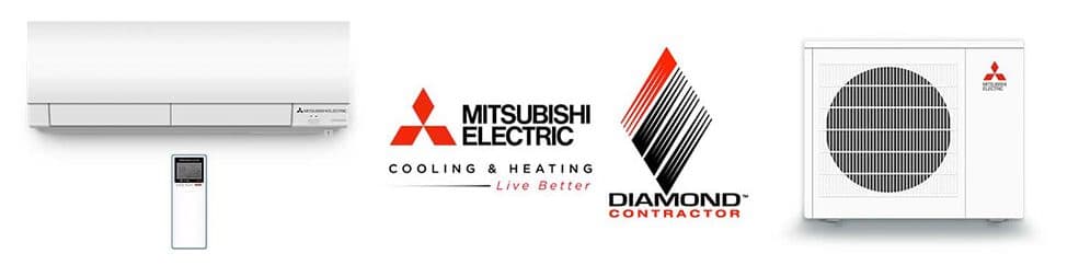Logos for Mitsubishi electric and Diamond Contractor with an image of a ductless unit and a mini-split system